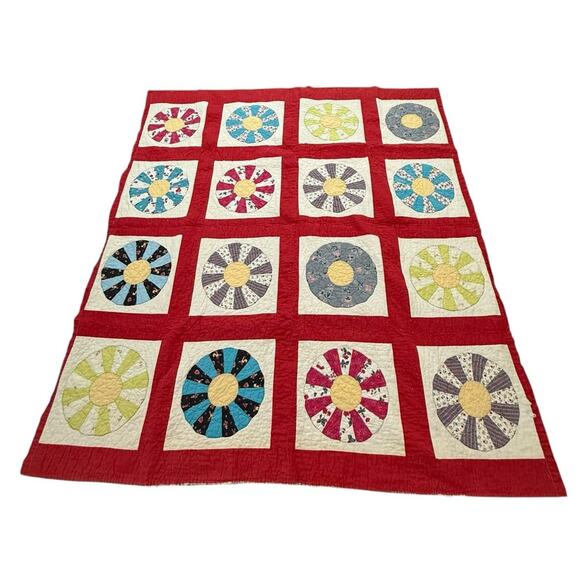 Antique Vintage Dresden Plate Quilt Red Sashing Hand Stitched 66x74” Patchwork - Picture 1 of 14